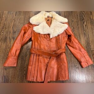 Vintage 1970s Leather and Fur Collar Coat Rust Brown See Measurements Flaws
